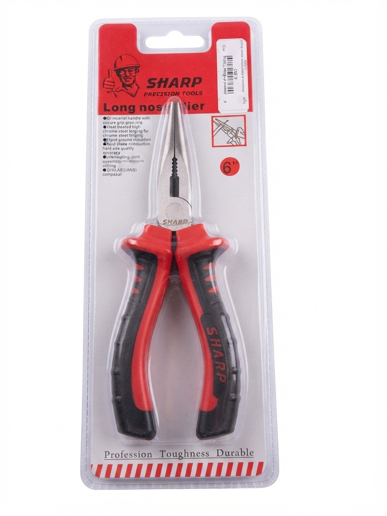SHARP LONG NOSE PLIER 6" - RED & BLACK HANDLE