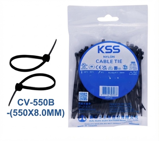 [ 550X8MM - شريط ربط بلاستيك ]  KSS NYLON CABLE TIE BLACK CV-550B - (550X8.0MM) 