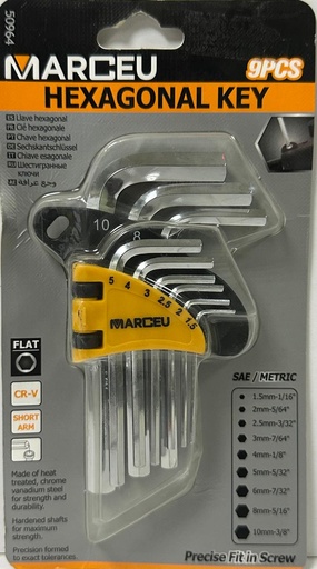 [50964]  MARCEU HEXAGONAL KEY SHORT HEAD  9PCS SET 1.5-10MM - CHINA 