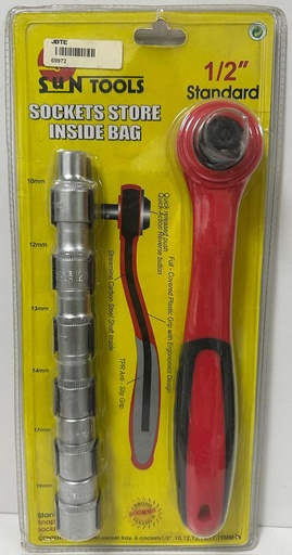 [ TY-250   مقبس قطع1/2"-  تايوان ]  SUN TOOLS SOCKETS CHROME WITH RACHET HANDLE 1/2" (10MM-19MM) 