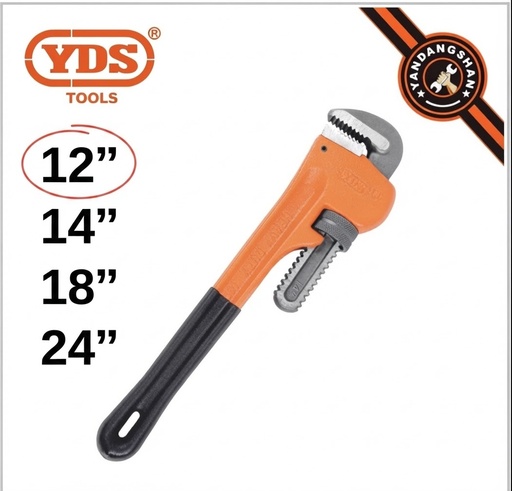 YDS ADJUSTABLE PIPE WRENCH BLACK/ORANGE GRIP 12" -CHINA-0619